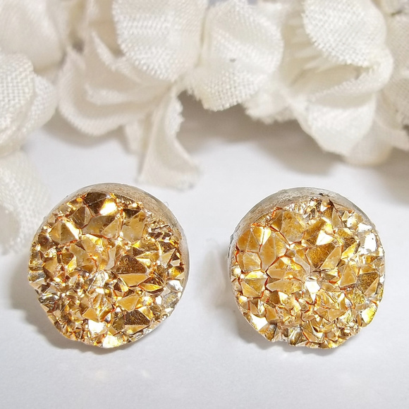 wvluckygirl Jewelry - Gold Earrings Druzy Elegant Dressy Fashion Post Stud Fashion Accessory Set 4141